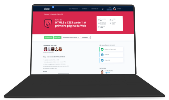 Ilustração de um notebook com o curso HTML da Alura aberto