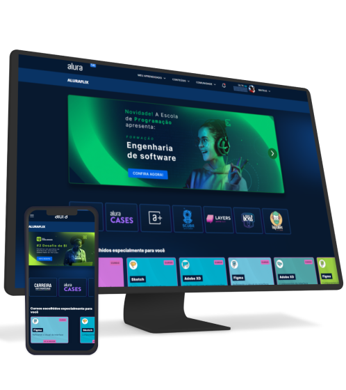 Imagem de um smarthphone e a tela de um monitor, ambos com o site da Alura aberto